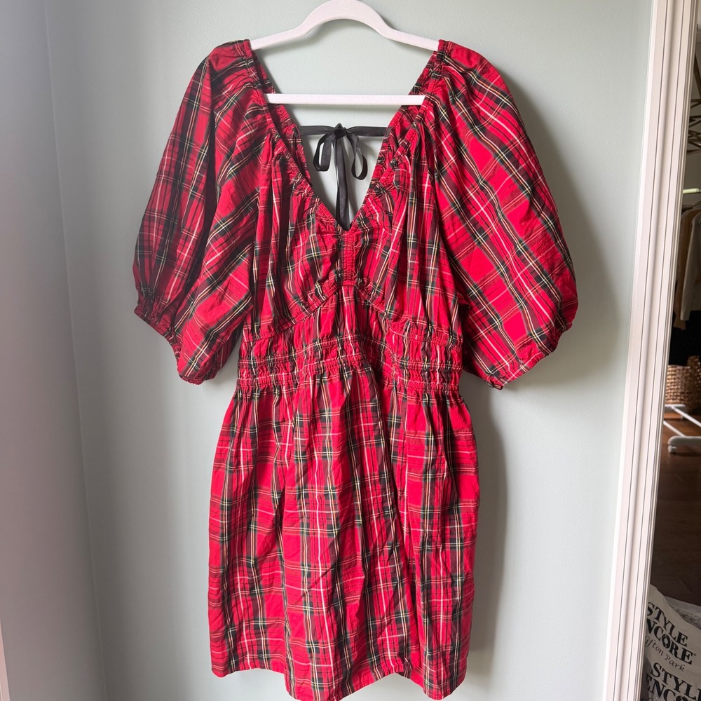 Old Navy Dress Red Tartan Plaid Puff Sleeve Smocked Waist Tie Back Cotton XL